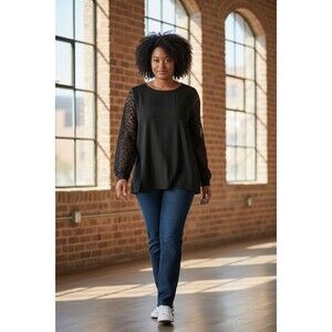 Miholl Women's Top Blac kRibbed Knit Lace Sleeves Back Zip Size Large NWT